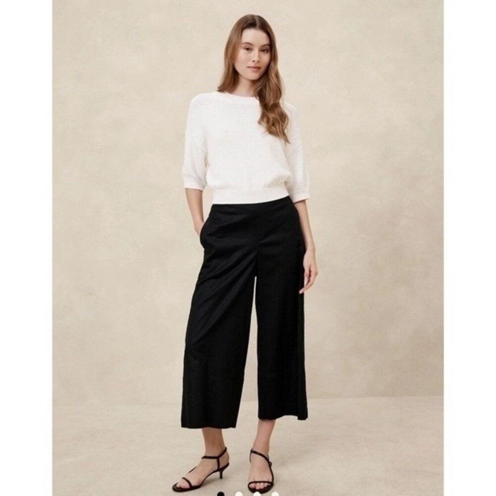 New Banana Republic Pants Small Linen Blend Cropped Flowy Wide Leg Black Pull On